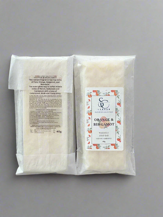 Orange & Bergamot Wax Melt Snap Bar 40g Luxury Soy Blend packaging displayed on a light background.