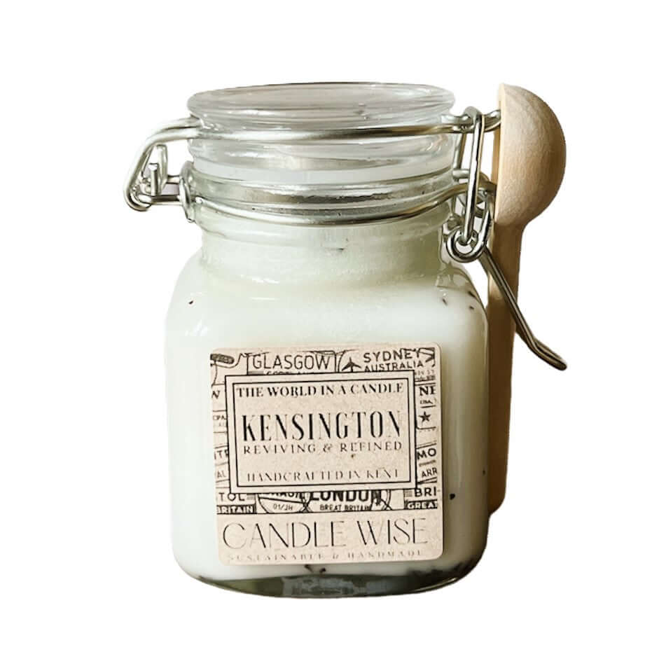 Kensington Scoopable Wax Melt in a glass jar, showcasing a refined design and elegant packaging.
