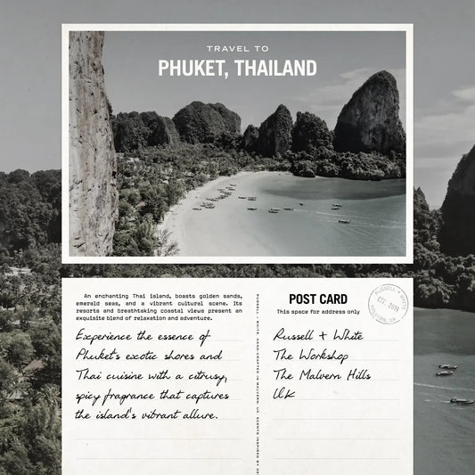 Postcard featuring Phuket, Thailand, with a scenic view of exotic shores and lush greenery. Perfect for travel enthusiasts.