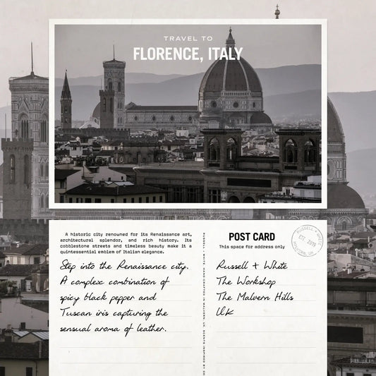 Firenze Leather Scented Candle Refill showcased with Florence, Italy postcard featuring leather aroma description.