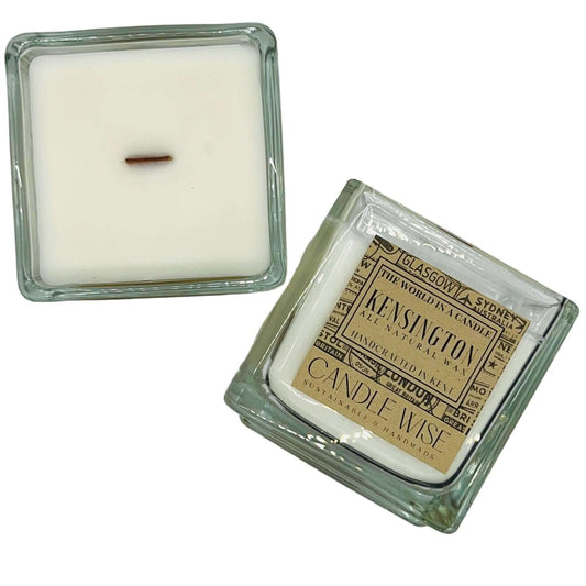 Kensington Travel Size Scented Candle in elegant glass container with classic label.