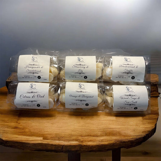 Luxury Signature Soy Wax Melts 250g - Six eco-friendly wax melts in clear packaging showcasing various fragrances.