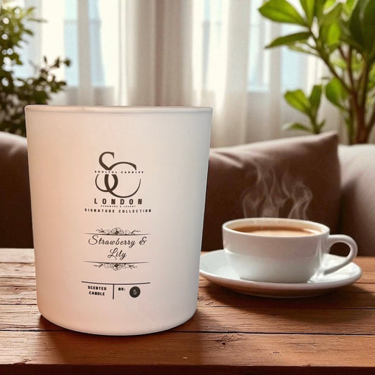 lStrawberry & Lily A fresh and delicate combination scented candle beside a steaming cup of coffee.