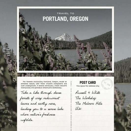 Postcard featuring Portland, Oregon with a serene lake view and mountains, evoking nature's freshness and redcurrant leaves.