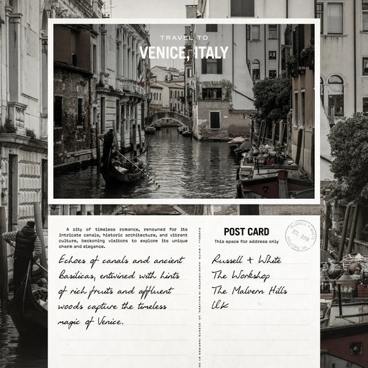 Postcard depicting a romantic canal scene in Venice, Italy, evoking the essence of the San Marco Scented Candle Refill.