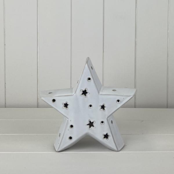 Small White Ceramic Star Ornament with LED