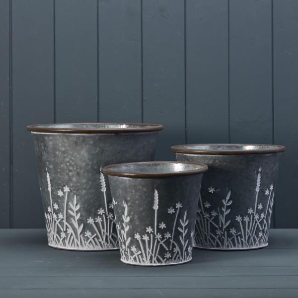Set of Three Rustic metal planters with Meadow design