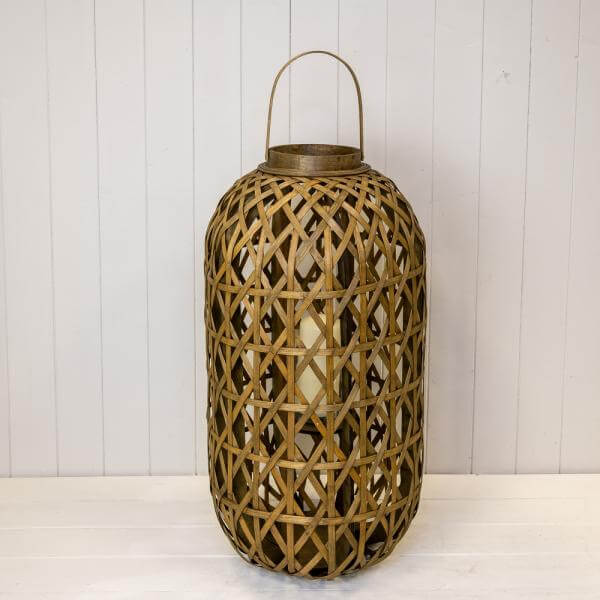 Large Oval Bamboo Lantern with Glass Insert H65, D35cm showcasing intricate bamboo weave design.