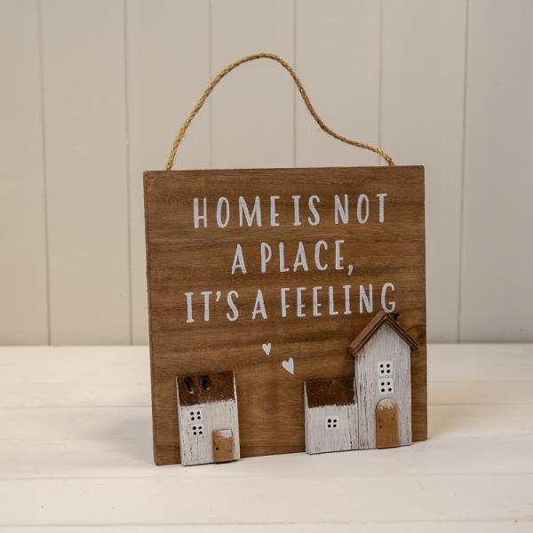 Wooden Home Sign 'Home is Not a Place it's a Feeling' with hearts and stand out Houses L20xW1.9xH2