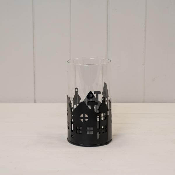 Small Black Metal House Scene Candle Holder with Glass Insert