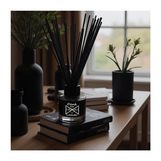 Lavender Essential Oil Single Diffuser on a table with black vases and books, creating a calming atmosphere.