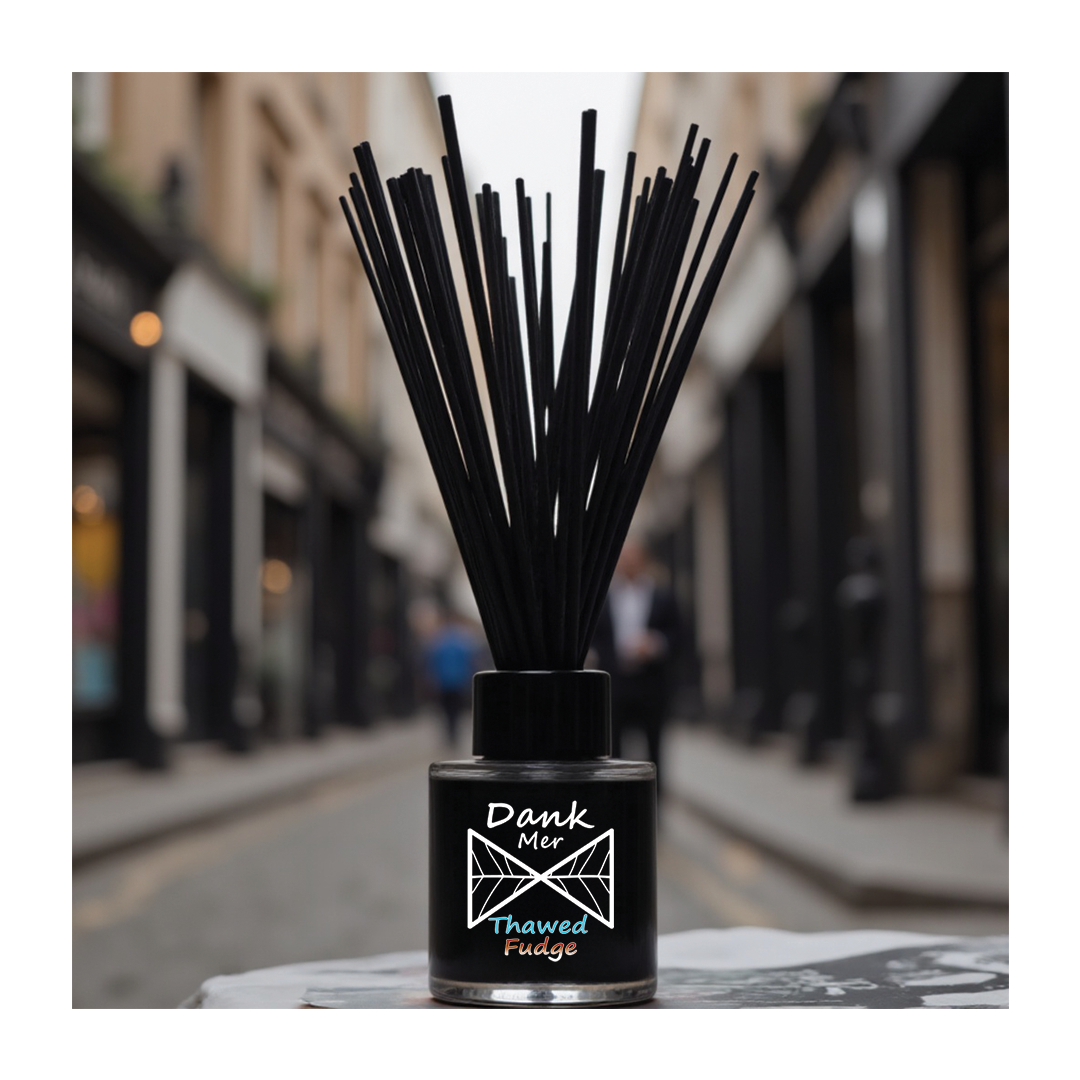 Thawed Fudge Single Diffuser displayed on a city street with black reeds and a sleek design.