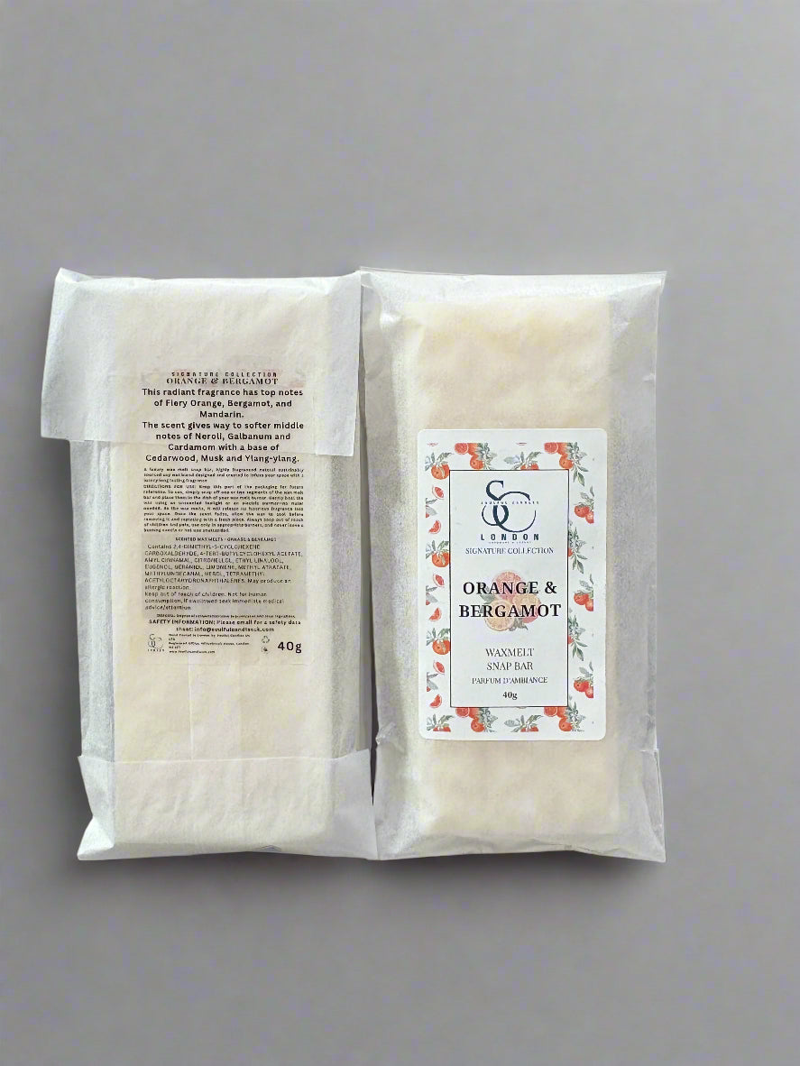 Orange & Bergamot Wax Melt Snap Bar 40g Luxury Soy Blend packaging displayed on a light background.