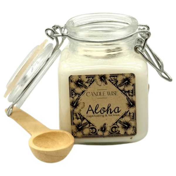 Aloha Scoopable Wax Melt in a jar with a wooden scoop, labeled 'Candle Wise Aloha captivating & luxurious'.