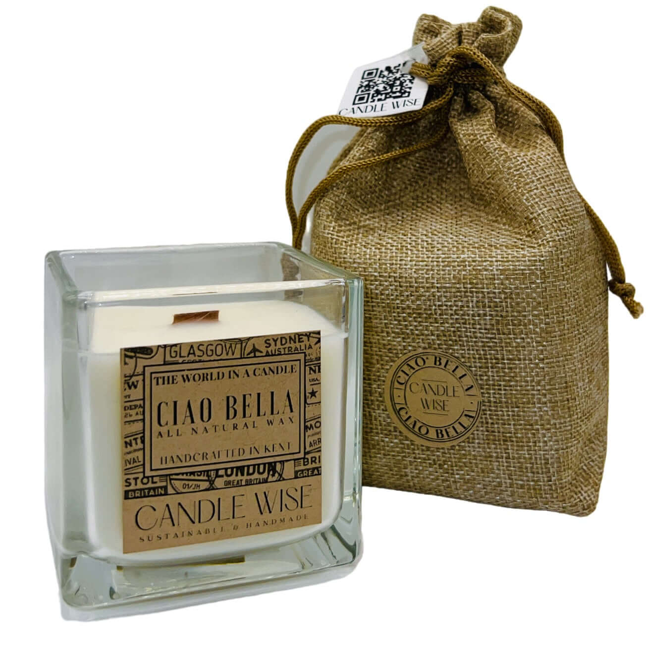 Ciao Bella Large Scented Candle in a glass jar, made with all natural wax, placed beside a burlap bag.