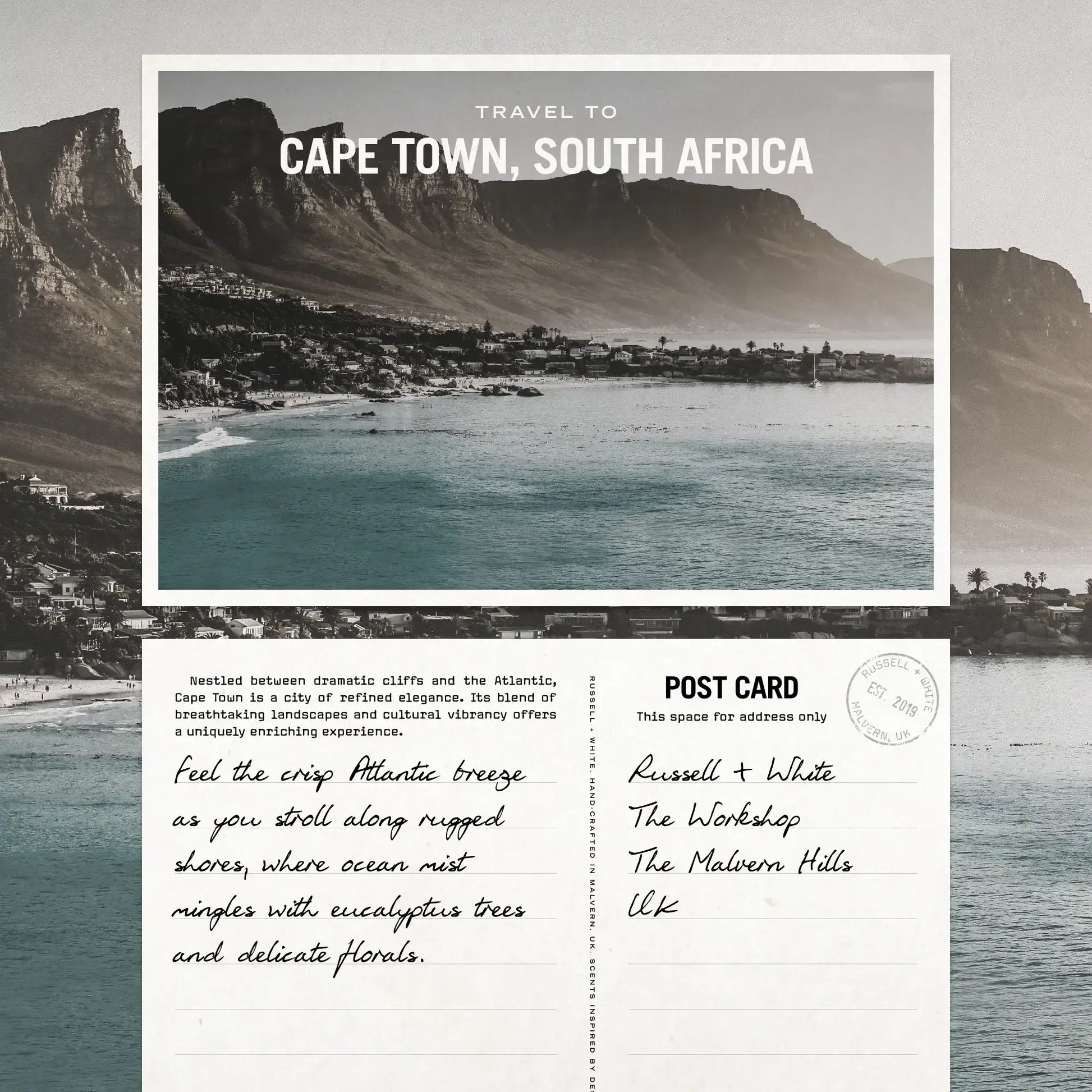 Postcard image featuring Cape Town, South Africa, with ocean views and cliffs, evoking a feeling of the Cape Breeze.