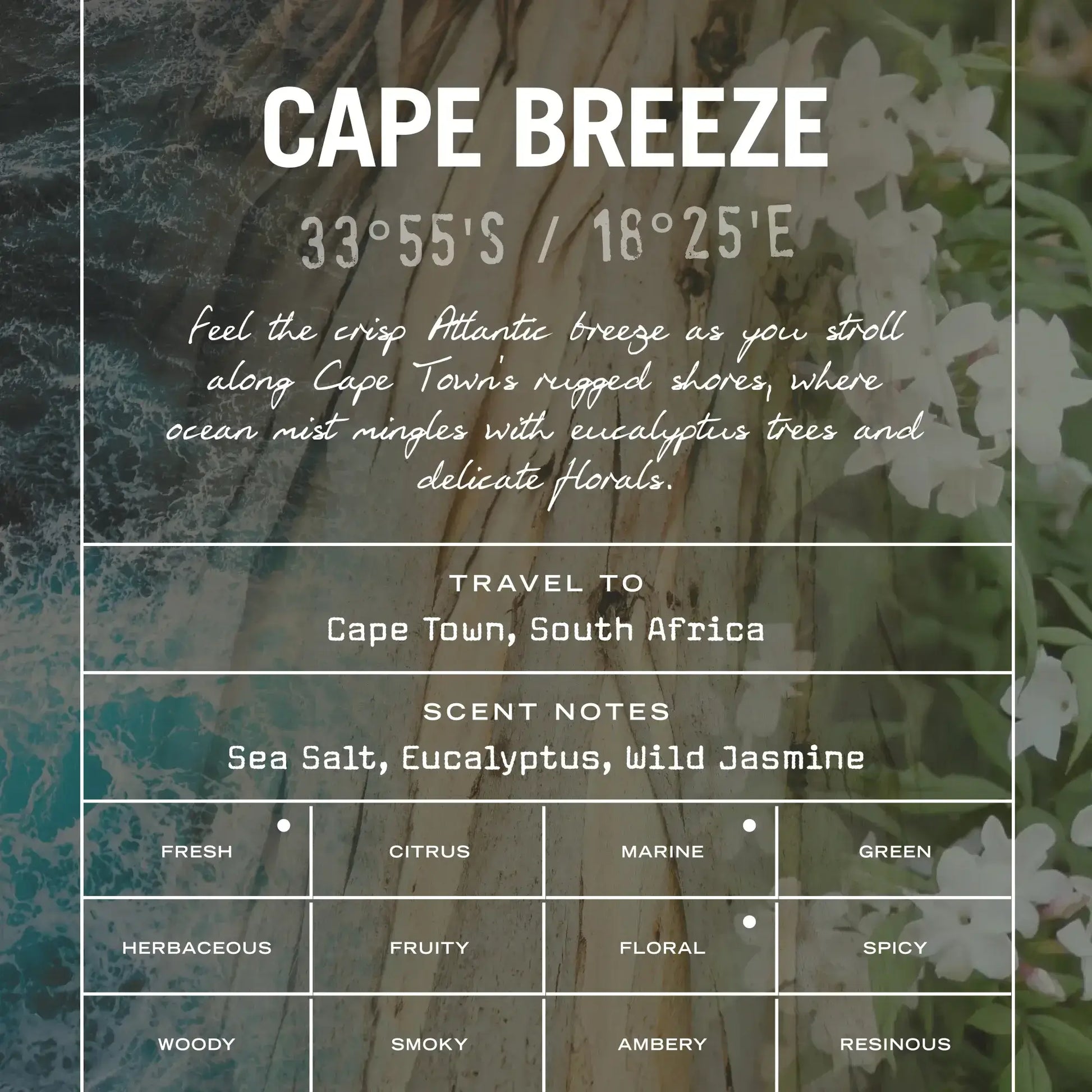Cape Breeze Scented Candle Refill image featuring travel and scent notes of Cape Town, sea salt, eucalyptus, and wild jasmine.