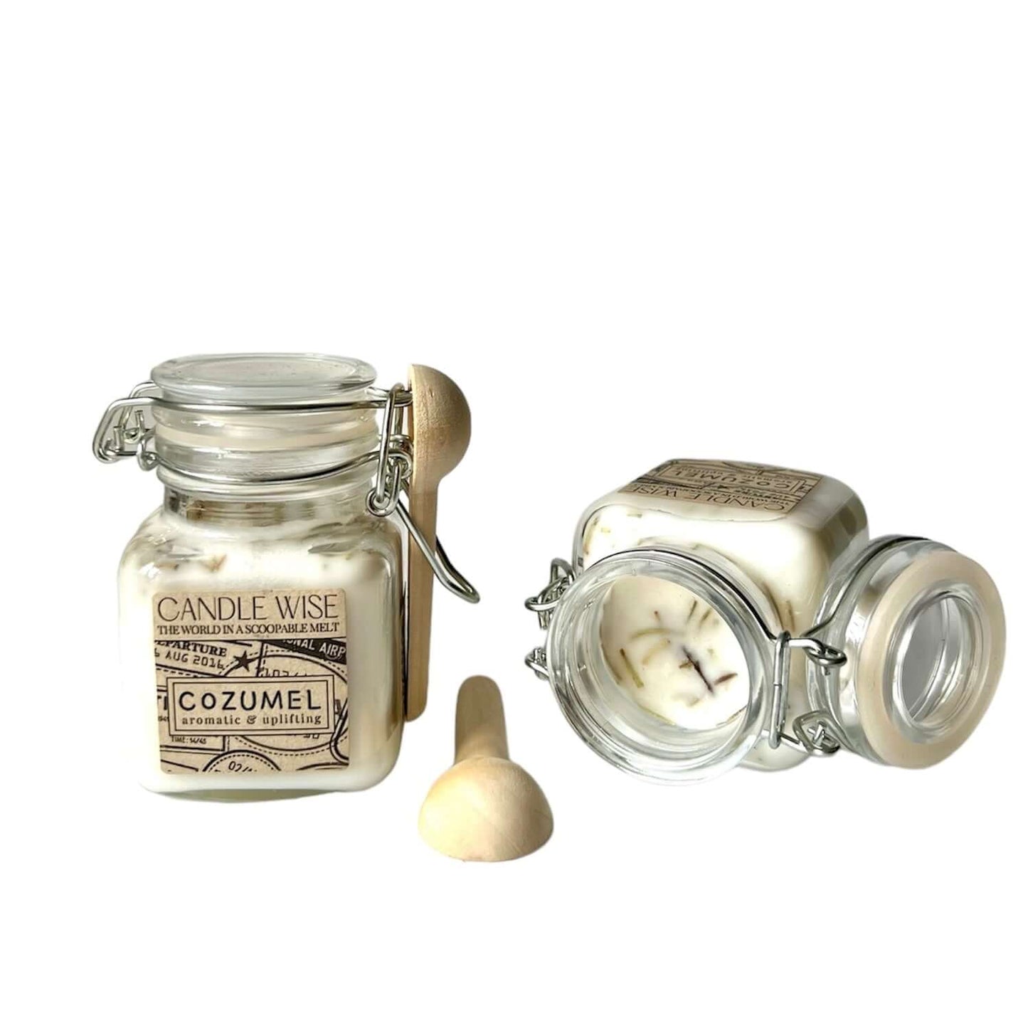 Cozumel Scoopable Wax Melt in glass jar with lid, showcasing its aromatic and uplifting citrus scents.