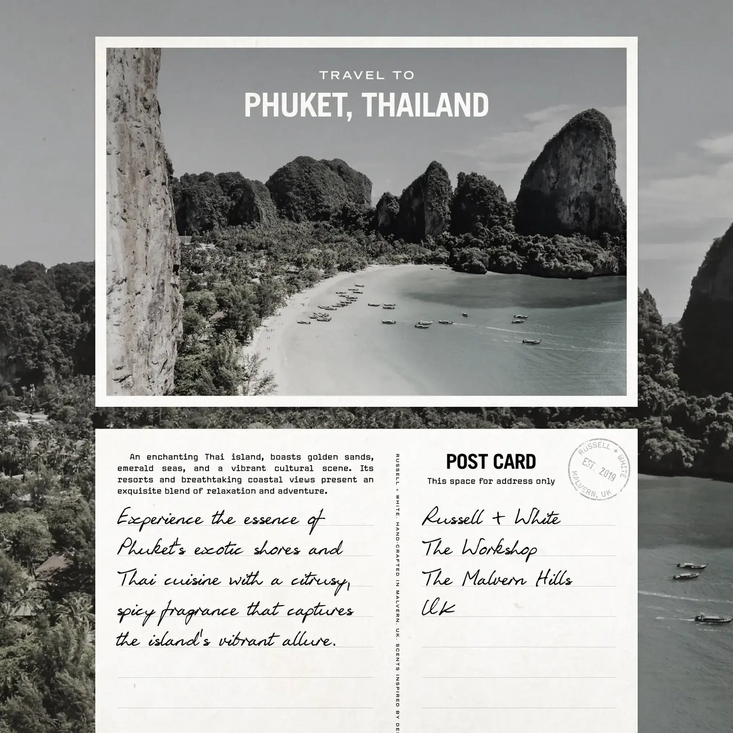 Postcard featuring Phuket, Thailand, with a scenic view of exotic shores and lush greenery. Perfect for travel enthusiasts.