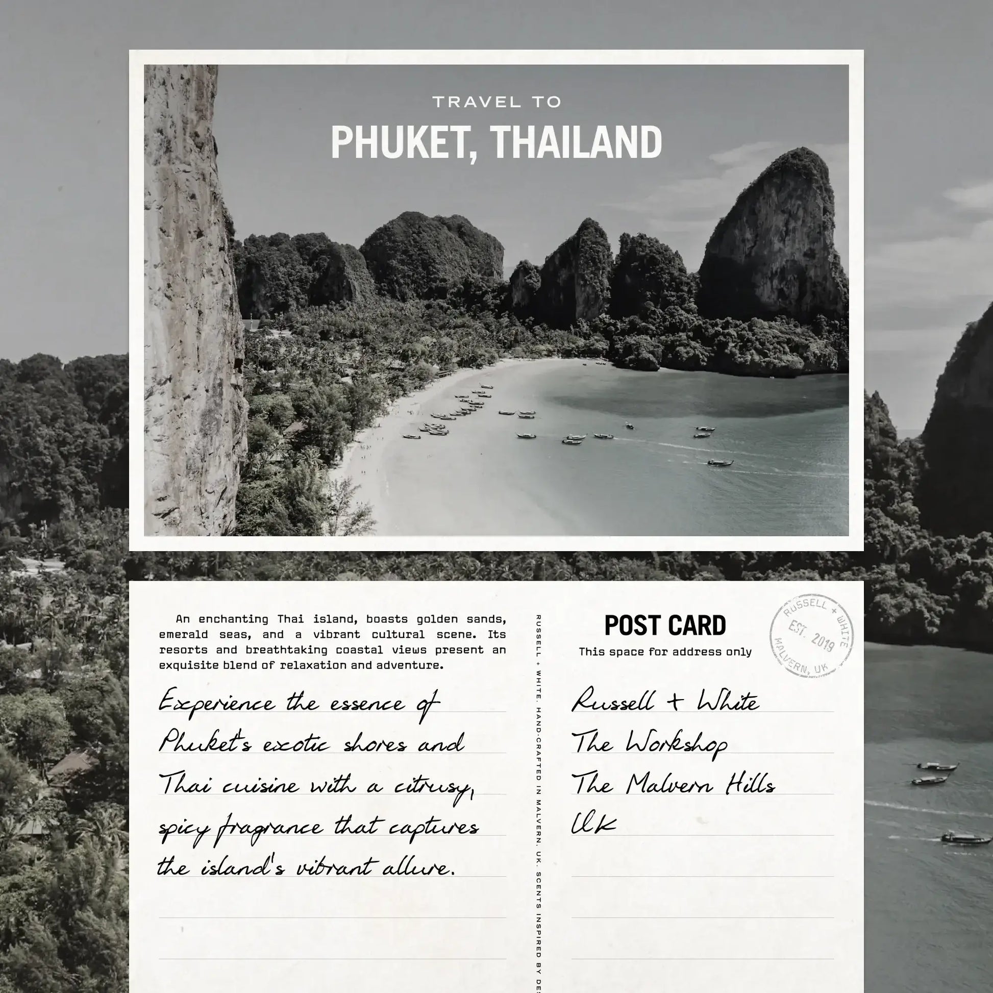 Postcard featuring Phuket, Thailand, with a scenic view of exotic shores and lush greenery. Perfect for travel enthusiasts.