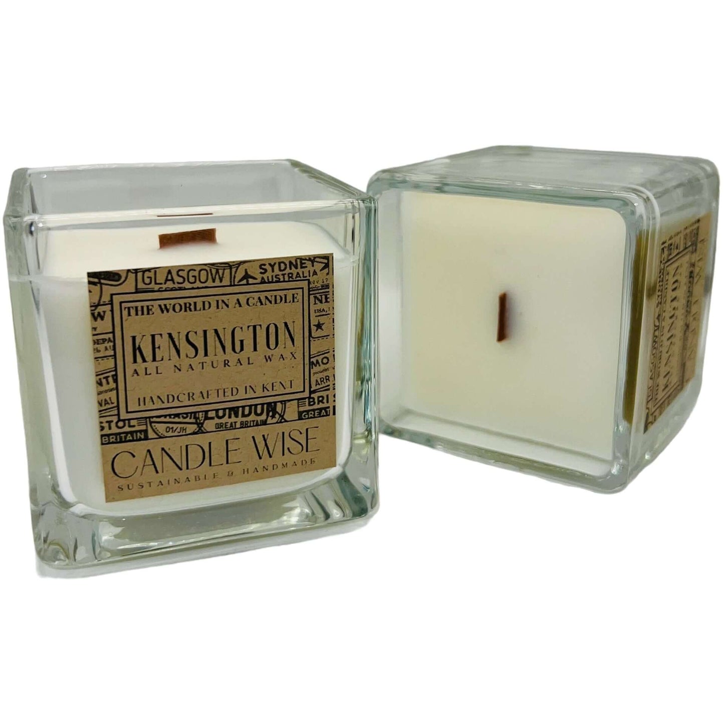 Kensington Travel Size Scented Candle in glass container with natural wax, showcasing elegant design and luxury.