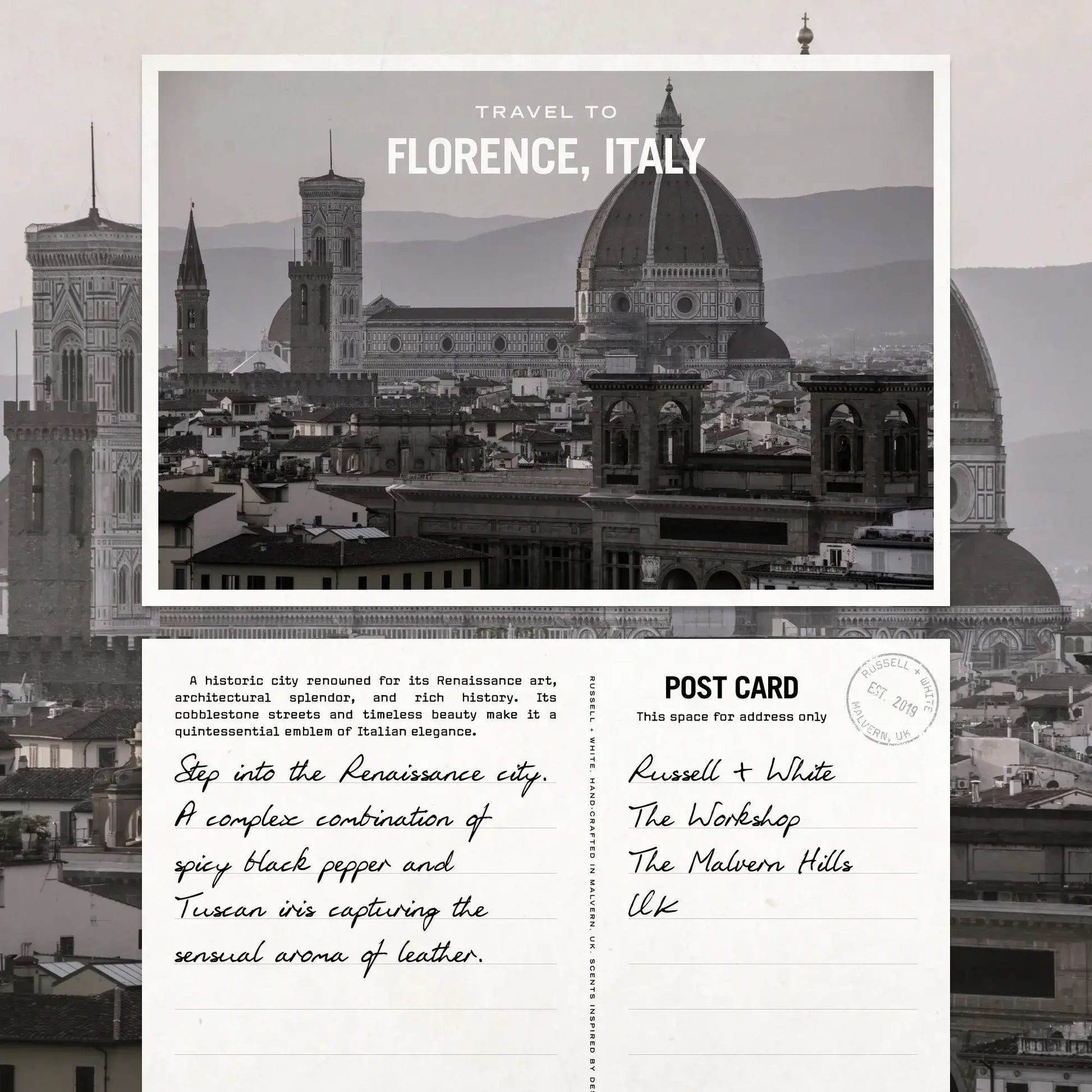 Firenze Leather Scented Candle postcard featuring Florence, Italy with leather aroma and spicy black pepper.