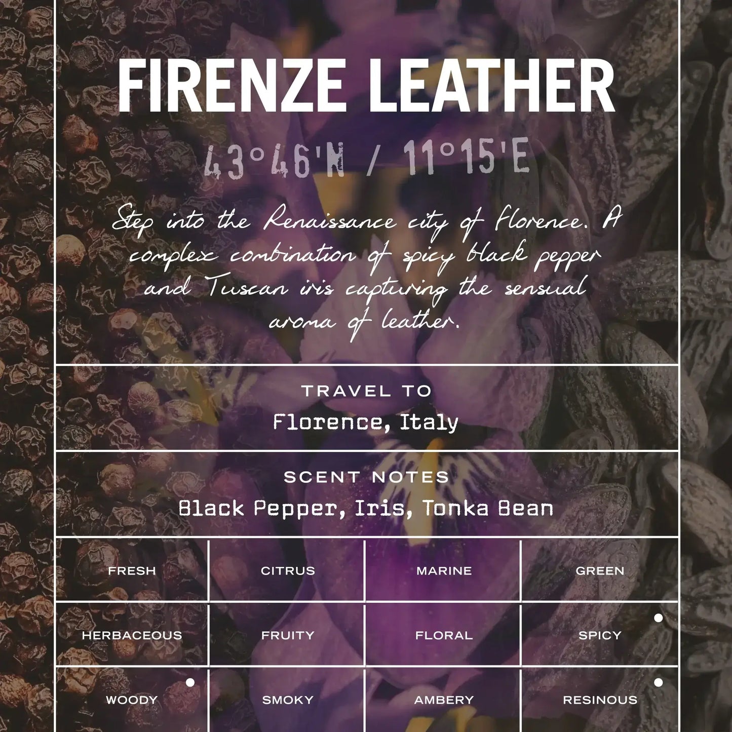 Firenze Leather Scented Candle image featuring travel to Florence, Italy with scent notes of black pepper and iris.