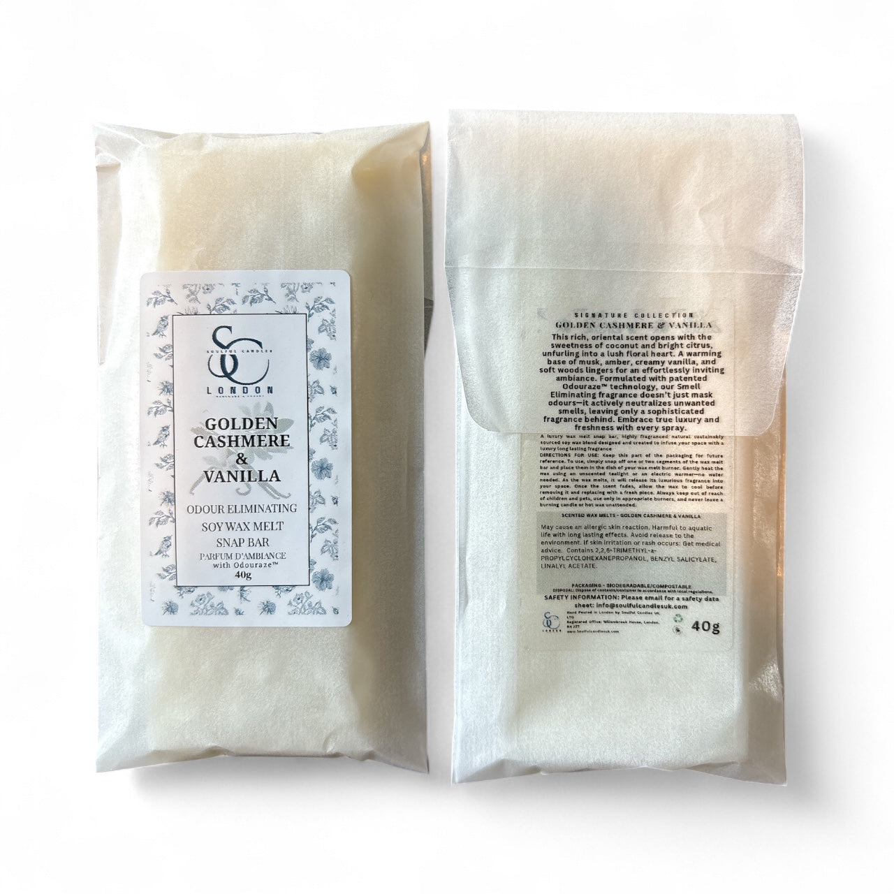 Golden Cashmere & Vanilla — Odour Eliminating Wax Melt Snap Bar 40g in packaging, ideal for eliminating odors.