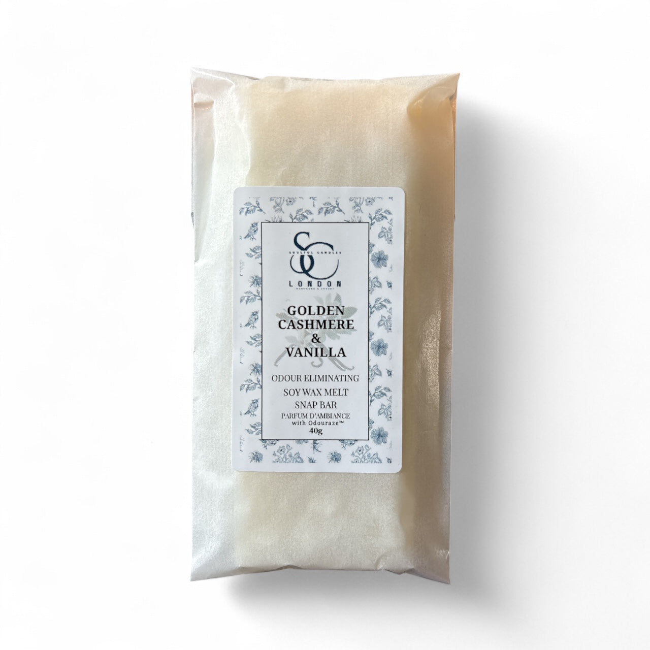 Golden Cashmere & Vanilla — Odour Eliminating Wax Melt Snap Bar 40g in packaging, ideal for eliminating odors.