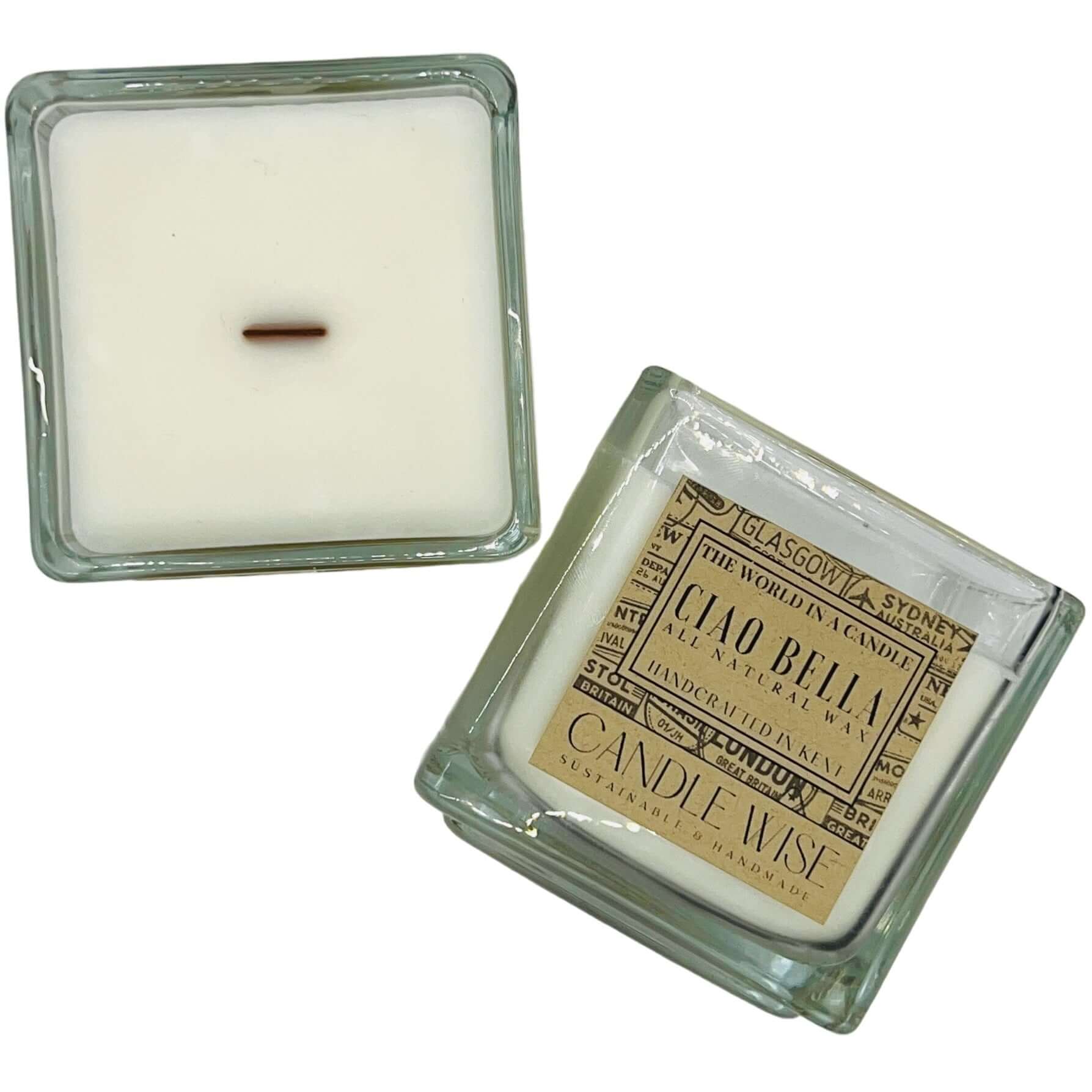 Ciao Bella Mini Travel Size Scented Candle in a glass container with a label showcasing its vibrant fragrance.