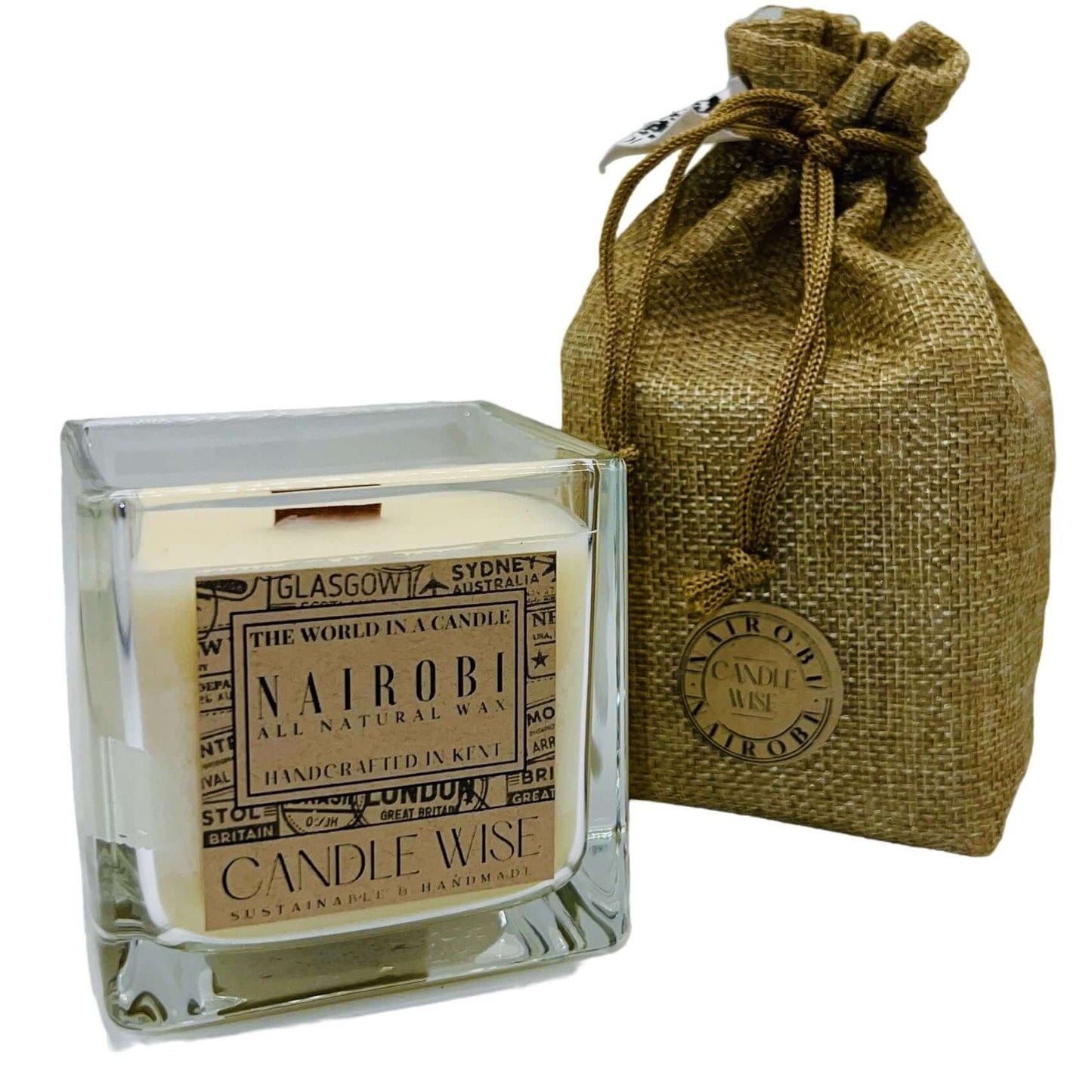 Nairobi scented candle in a glass jar with a burlap bag, evoking the rich aroma of Kenyan coffee culture.