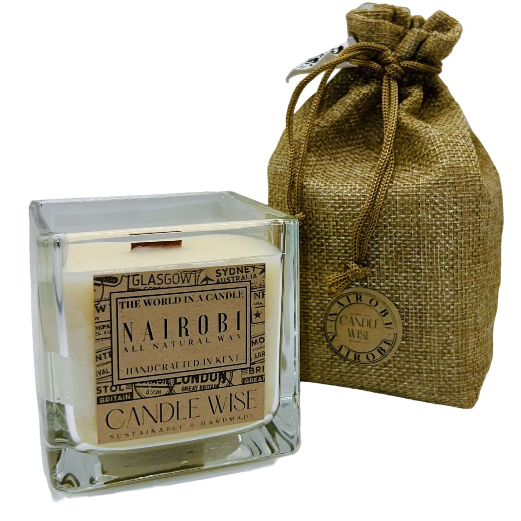 Nairobi scented candle in a glass jar with a burlap bag, evoking the rich aroma of Kenyan coffee culture.