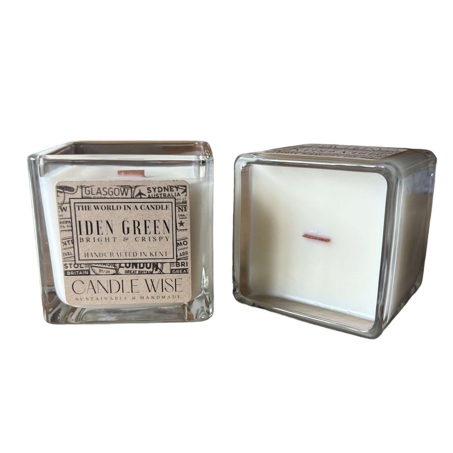 Iden Green Large Scented Candle in a square glass container with label, showcasing the Bright and Crispy fragrance.