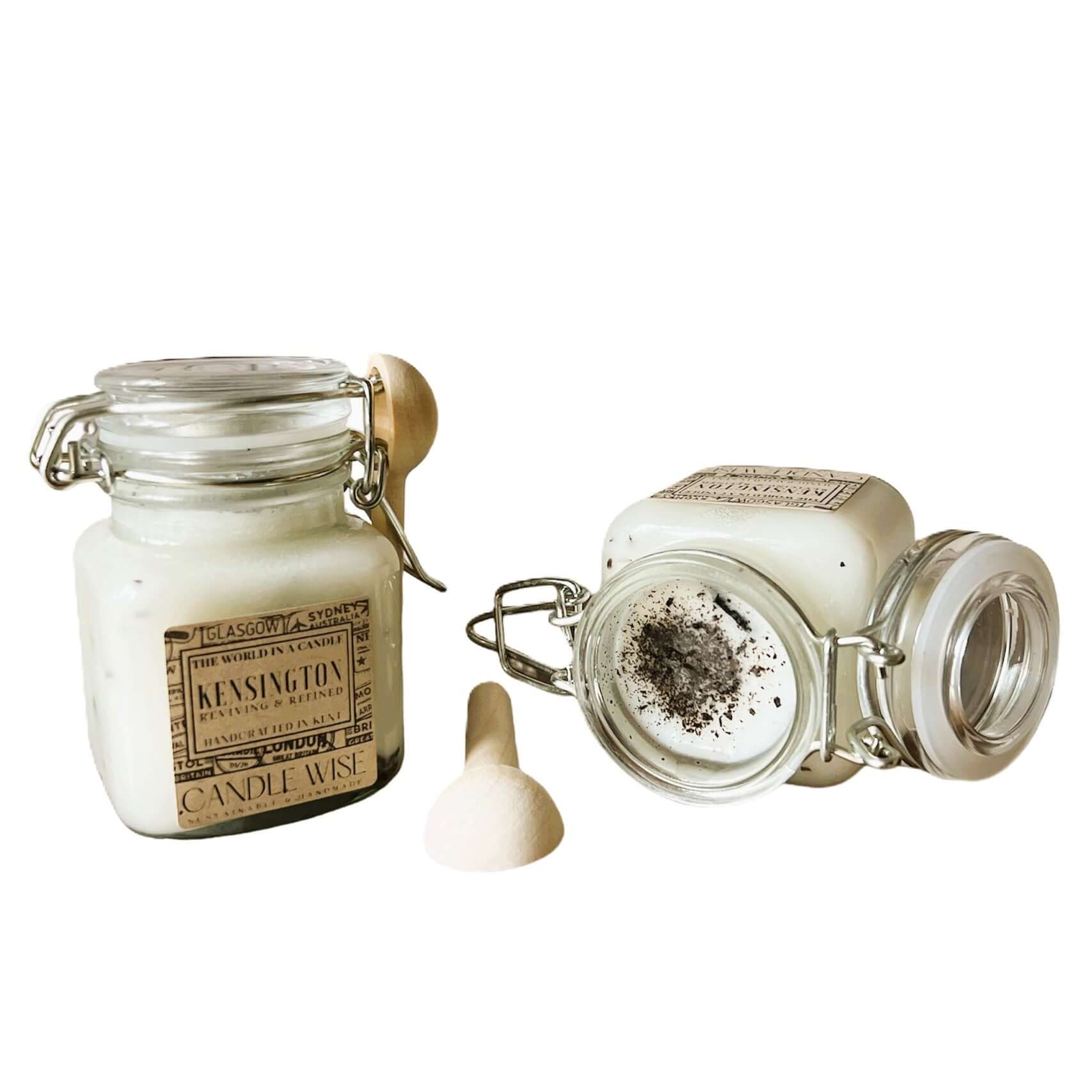 Kensington Scoopable Wax Melt in elegant glass jar, showcasing refined fragrance and timeless design.