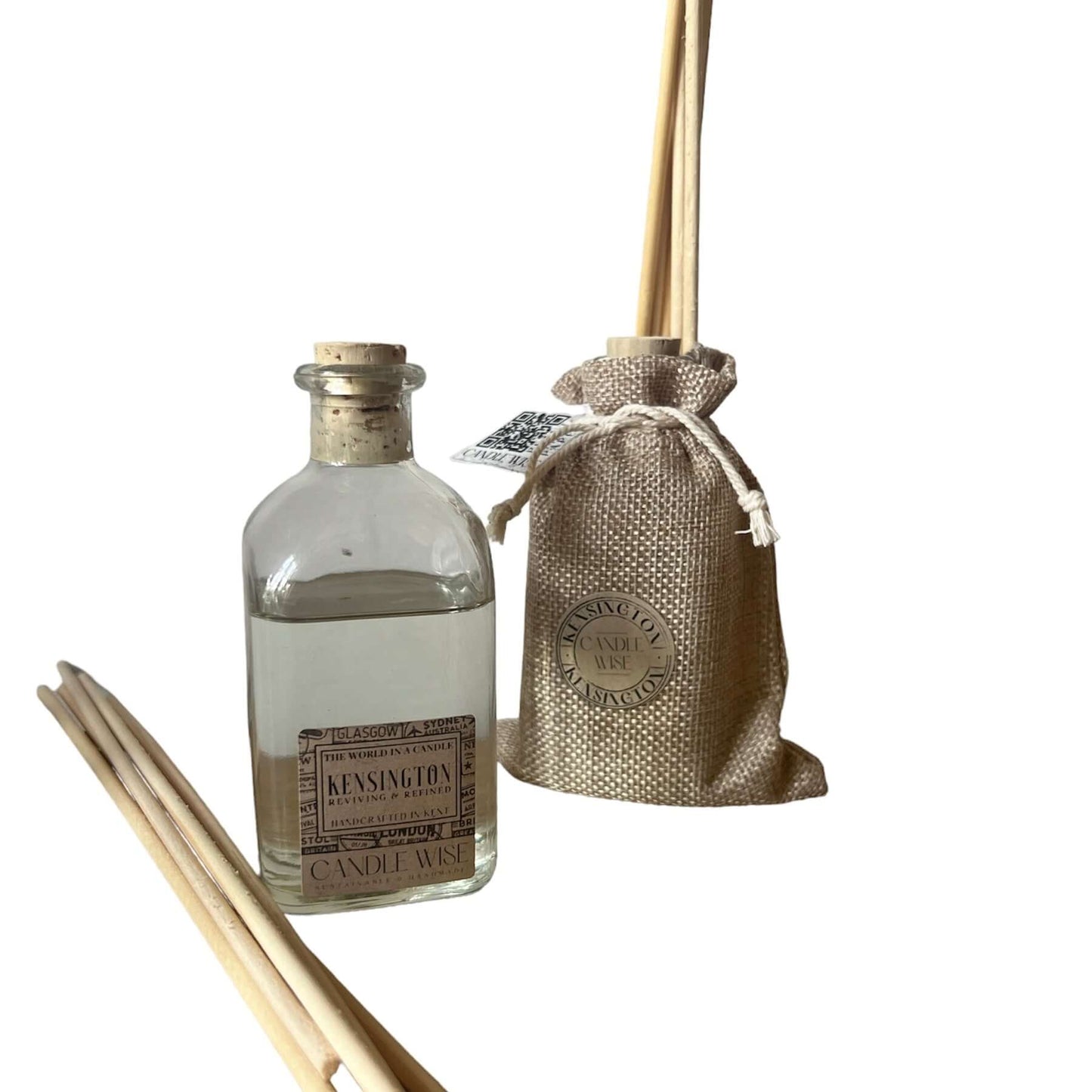 Kensington Long Lasting Reed Diffuser with glass bottle and natural reeds, exuding elegance and luxury.