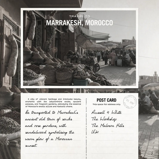 Marrakech, Morocco market scene postcard with travel notes and vibrant souks.