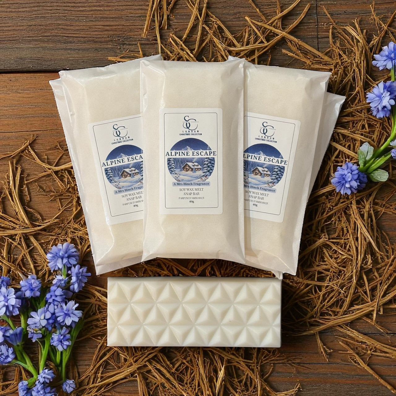 Mrs Hinch Alpine Escape Soy Wax Melt Snap Bar 40g by Soulful Candles – Winter Scent, Vegan, Handmade, UK displayed with packaging.
