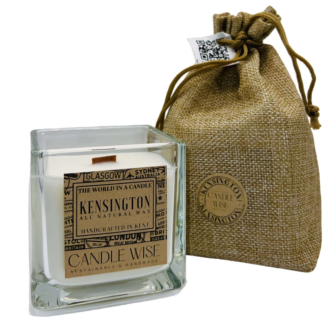 Kensington Travel Size Scented Candle in glass jar with burlap bag packaging, all natural wax by Candle Wise.