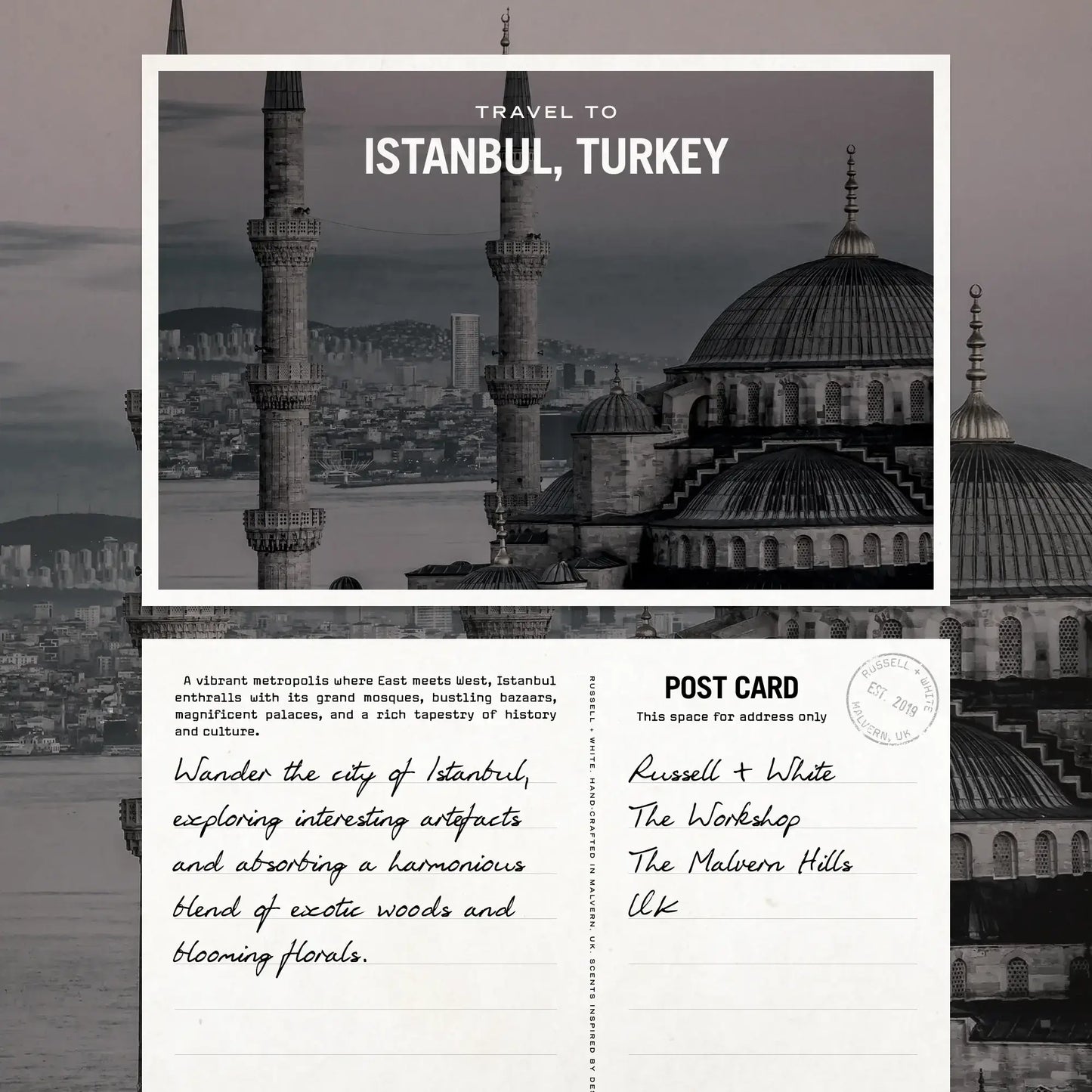 Oud Fortune Scented Candle Refill postcard featuring a view of Istanbul's historic architecture.