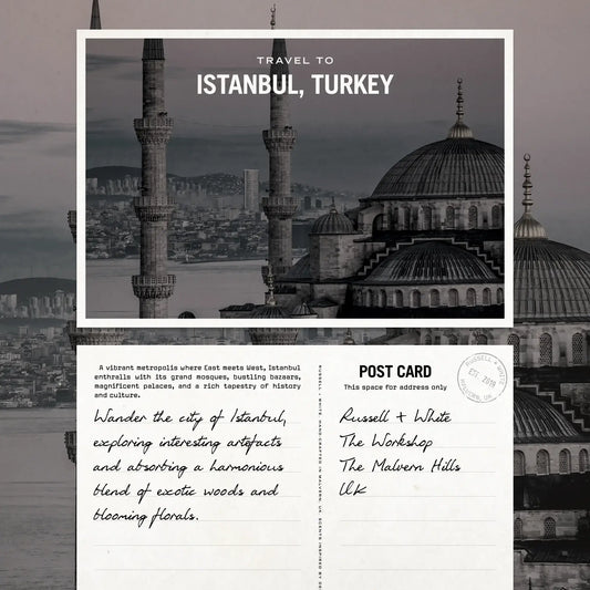 Oud Fortune Scented Candle Refill postcard featuring a view of Istanbul's historic architecture.