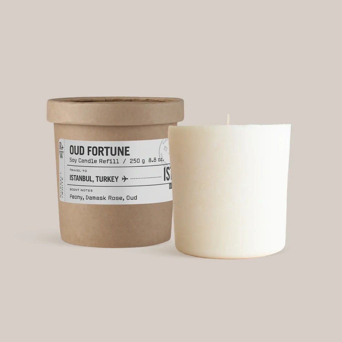 Oud Fortune Scented Candle Refill in a rustic container showcasing floral notes of peony and damask rose.