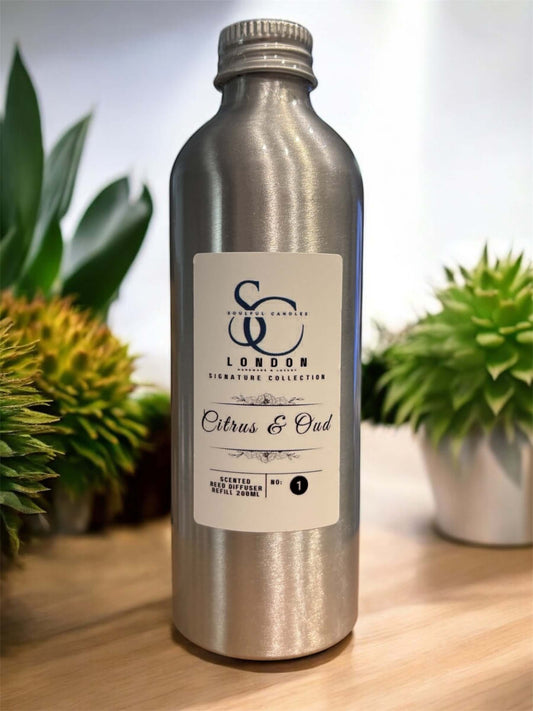 200ml Diffuser Refills Long-Lasting Luxury Home Fragrances in a sleek metal bottle labeled Citrus & Oud.