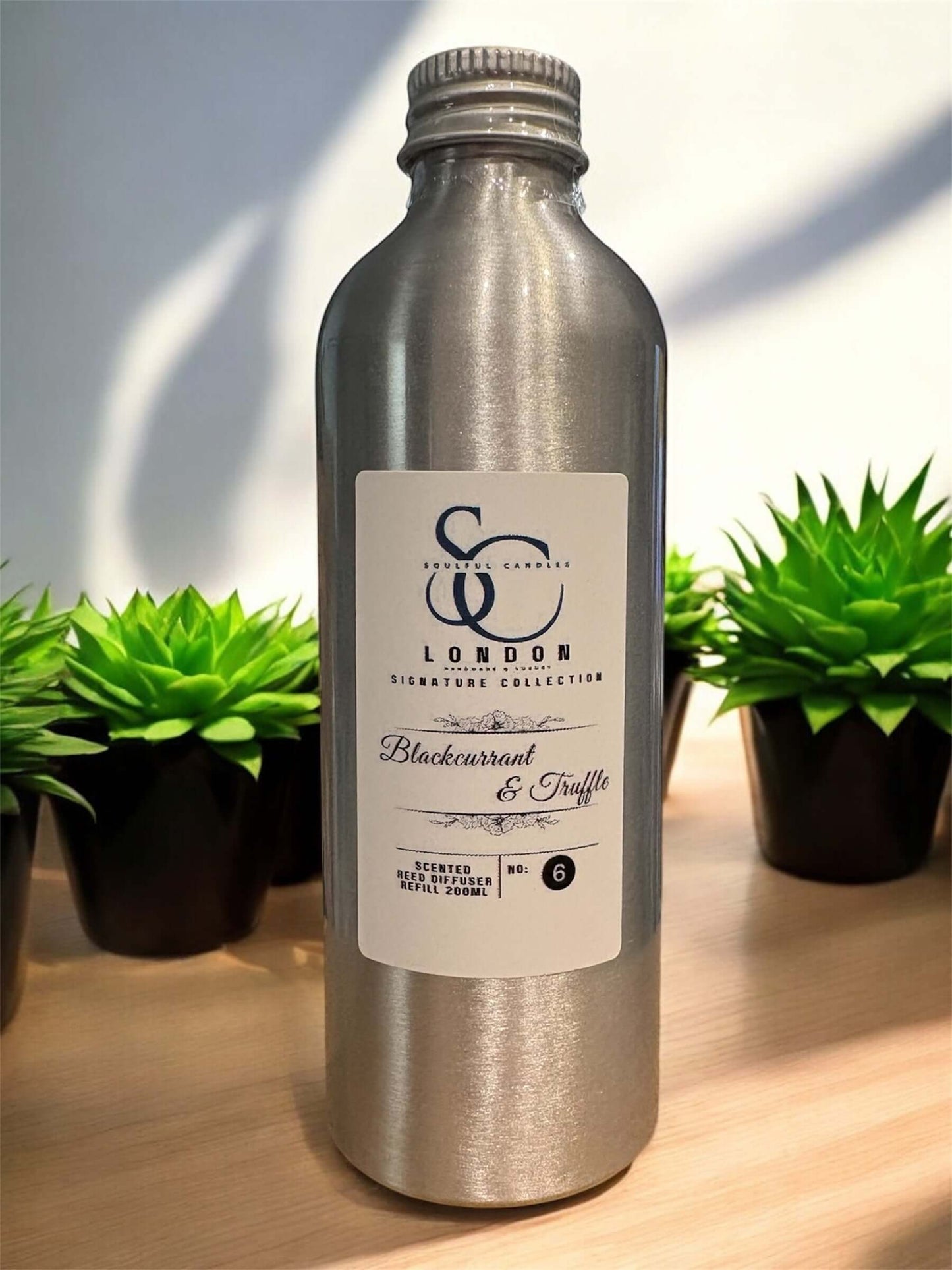 200ml Diffuser Refills Long-Lasting Luxury Home Fragrances in Blackcurrant & Truffle scent with plant decor.