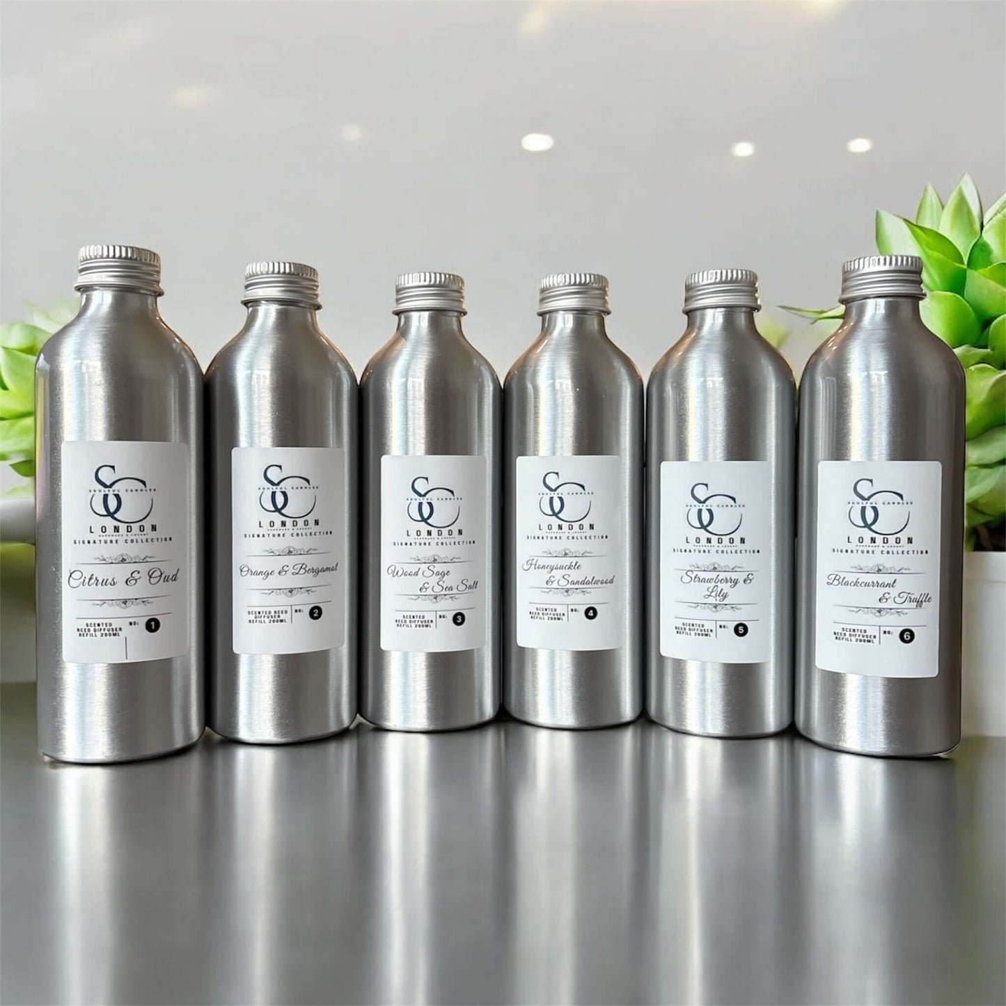 200ml Diffuser Refills Long-Lasting Luxury Home Fragrances collection featuring six captivating scents in silver bottles.