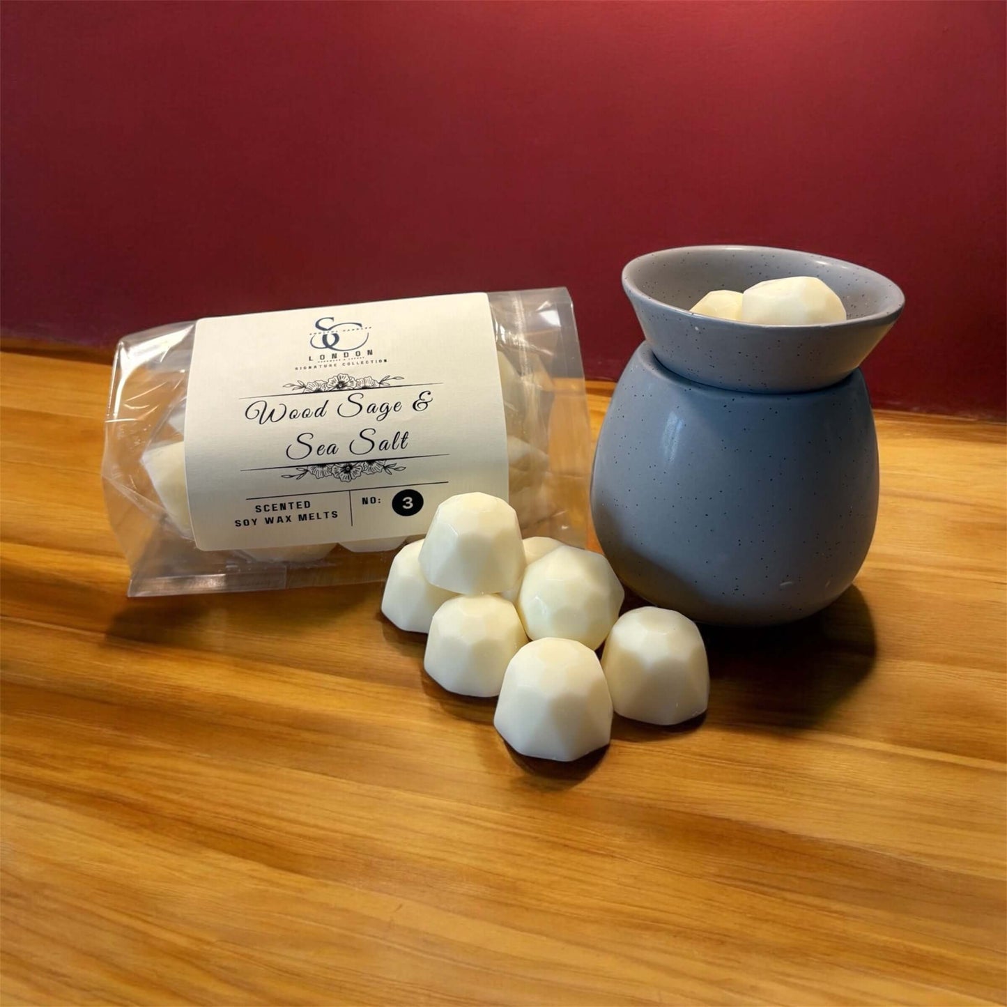 Luxury Signature Soy Wax Melts 250g - Wood Sage & Sea Salt scented melts displayed with wax warmer.