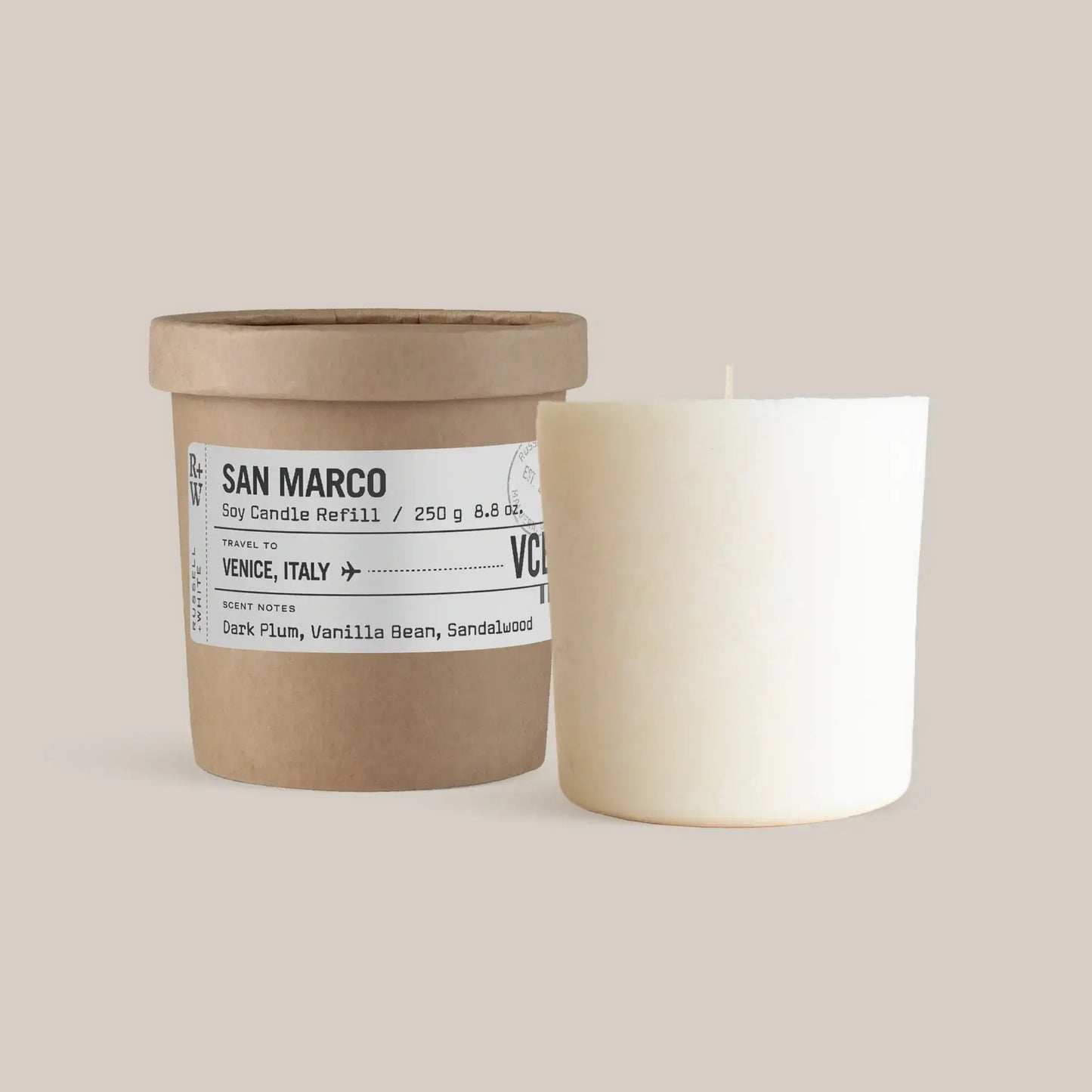 San Marco Scented Candle Refill in a brown container, featuring notes of dark plum, vanilla bean, and sandalwood.