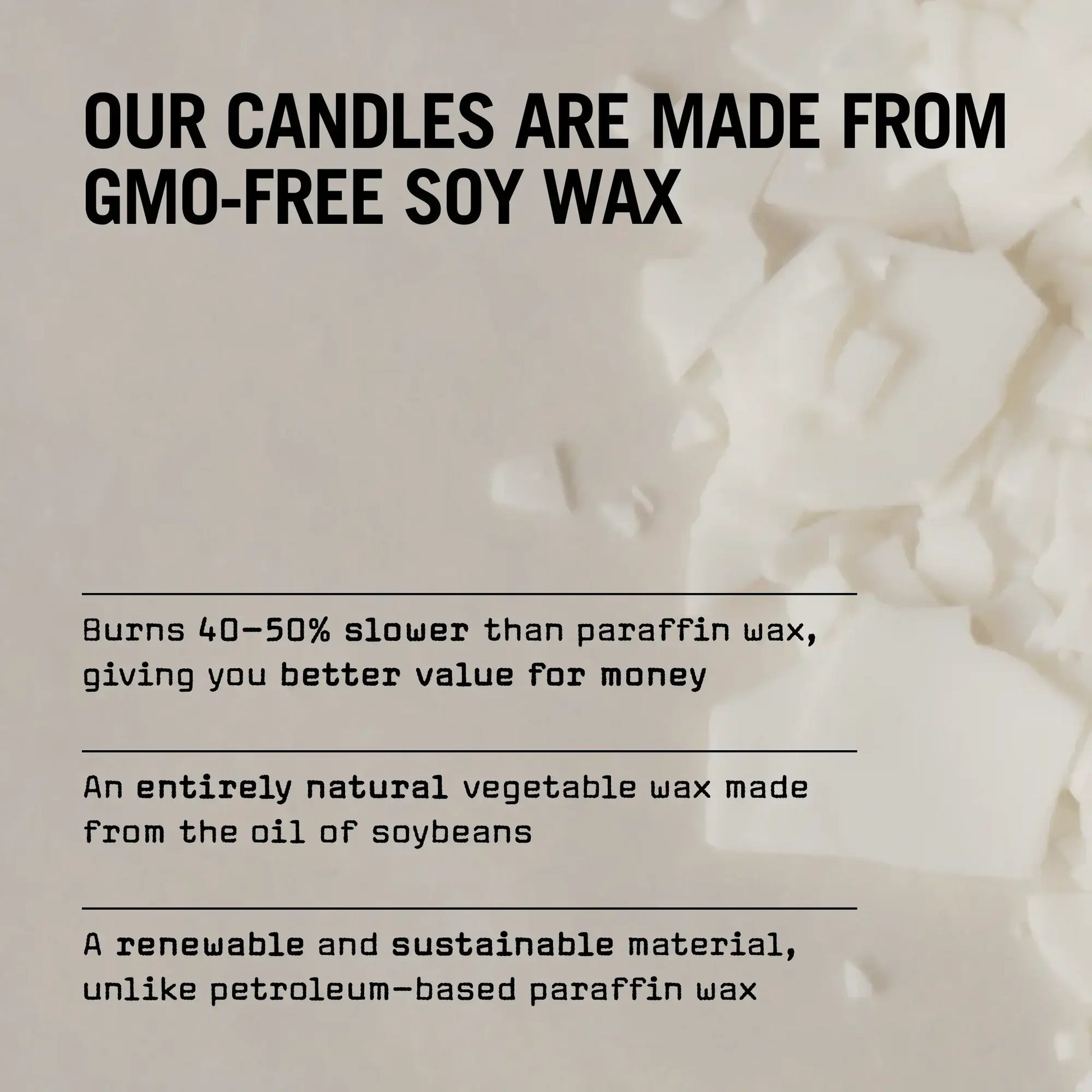 GMO-free soy wax candle information highlighting slow burning, natural vegetable wax, and sustainability.