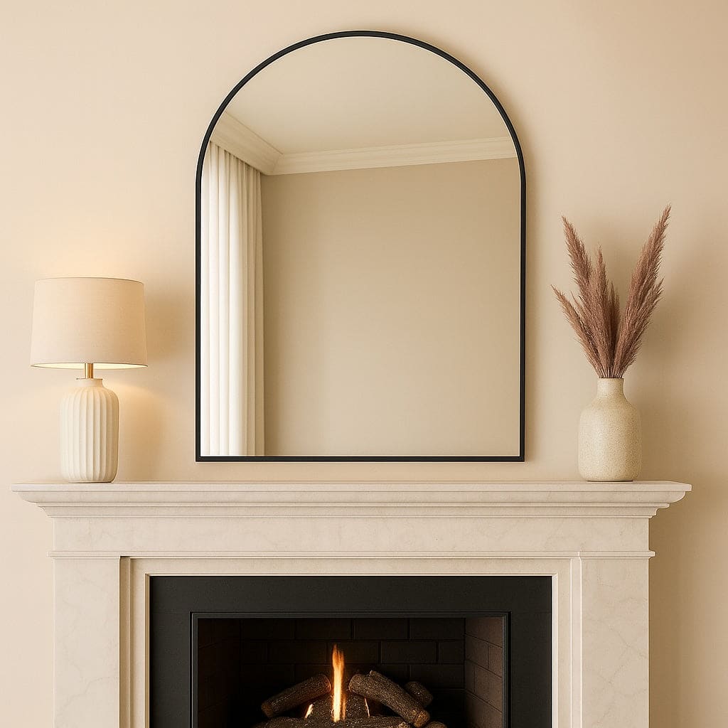 Akiko - Black Metal Arched Mirror - 120cm x 95cm above a mantel with a lamp and decorative vase