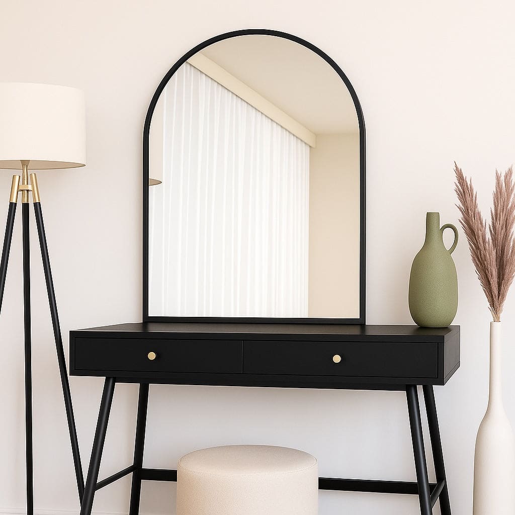 Akiko - Black Metal Arched Mirror - 120cm x 95cm displayed above a black vanity with decorative elements.