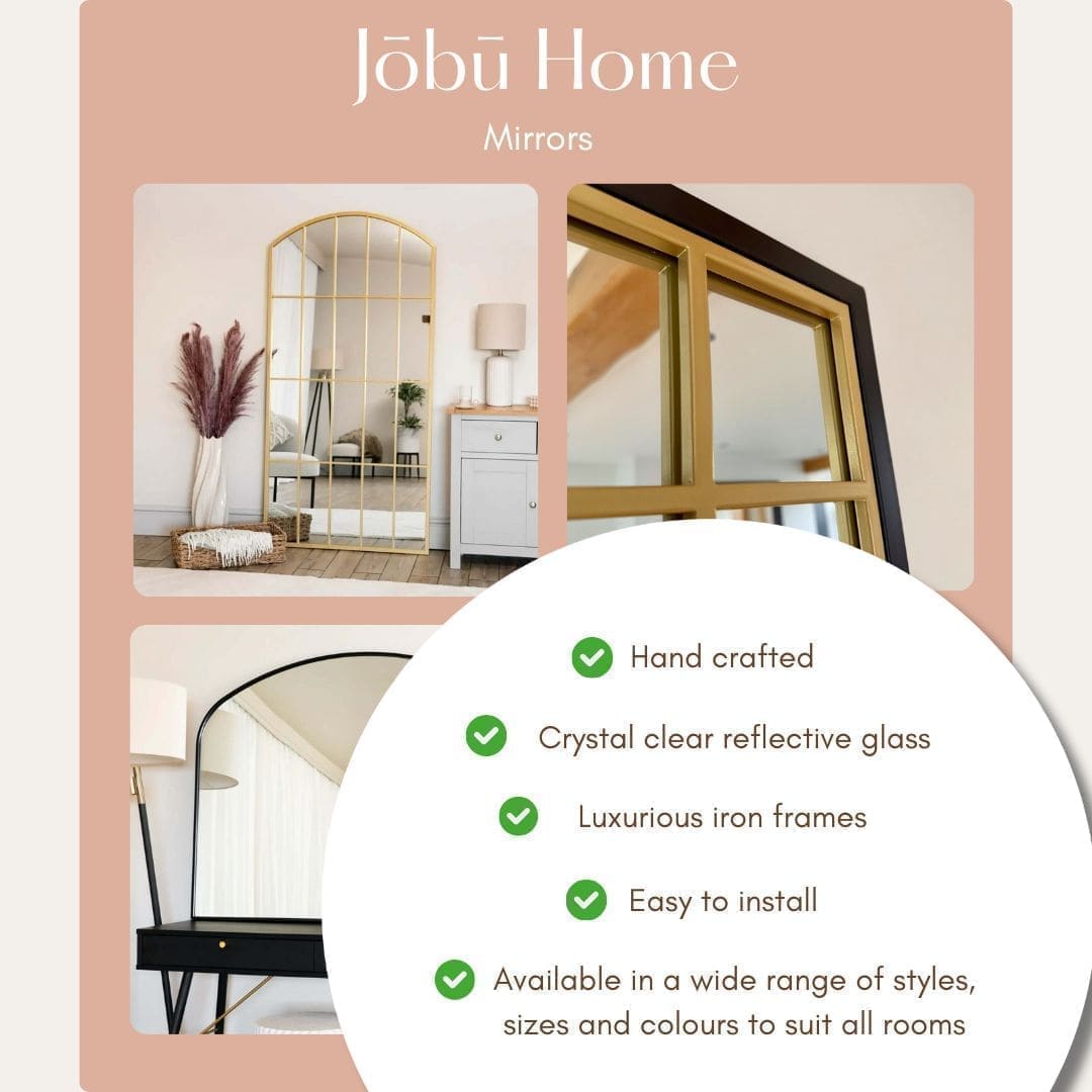 Jōbū Home mirrors featuring handcrafted designs, crystal clear glass, luxurious iron frames, and easy installation.